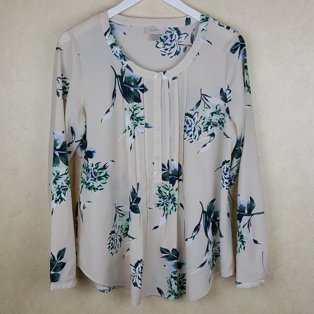 LOFT Cream Floral Pleated Long Sleeve Blouse, L